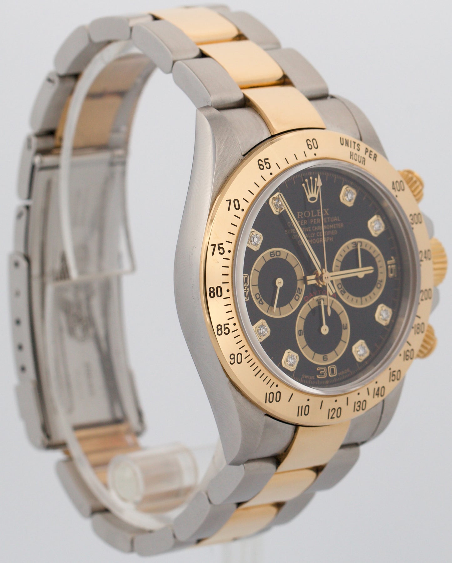 1999 Rolex Daytona Cosmograph BLACK DIAMOND 18K Gold Stainless Steel Watch 16523