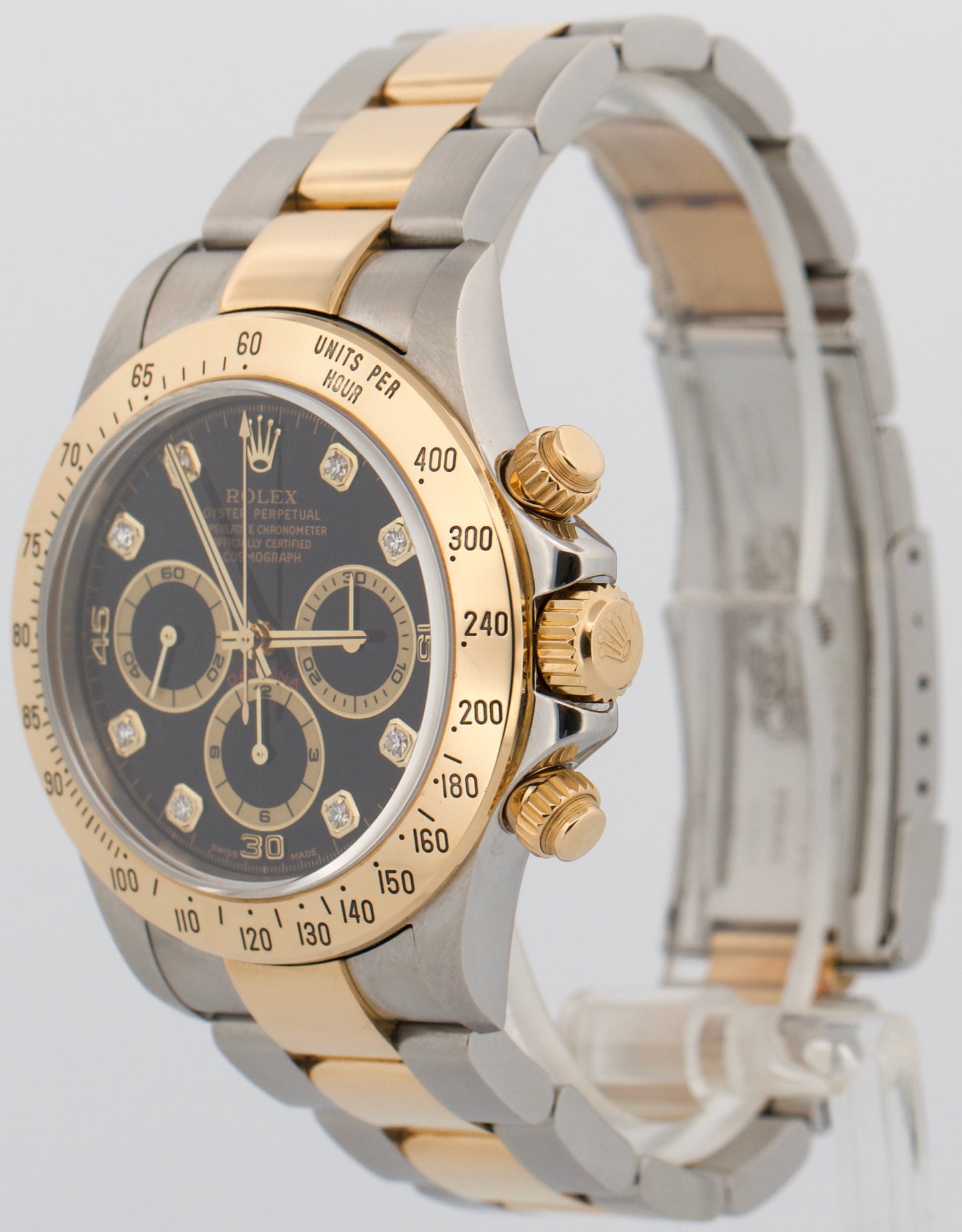 1999 Rolex Daytona Cosmograph BLACK DIAMOND 18K Gold Stainless Steel Watch 16523