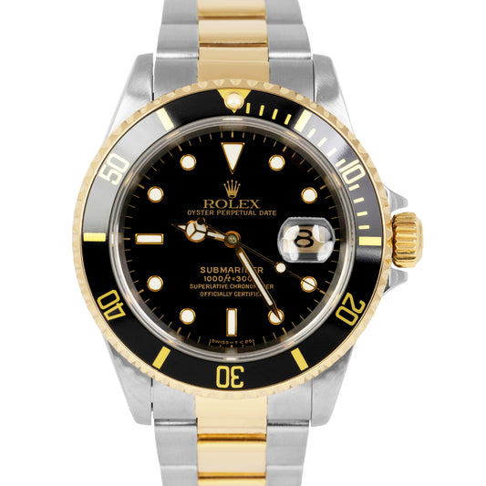 MINT PAPERS Rolex Submariner Date 40mm Black Two-Tone Gold Steel Watch 16613 B+P