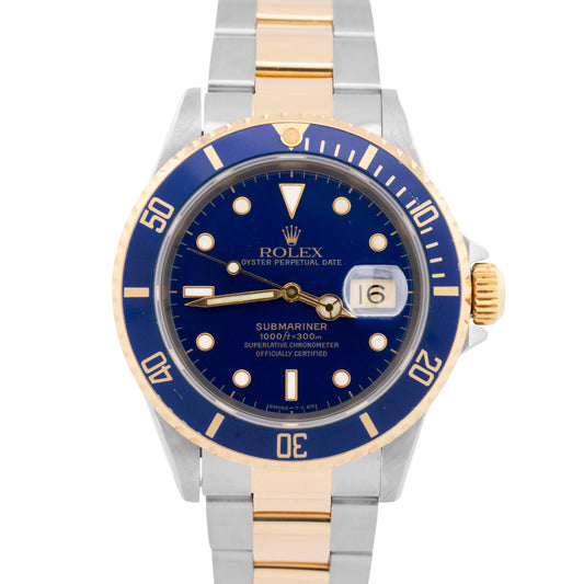 Rolex Submariner Date 40mm BLUE 18K Yellow Gold Stainless Steel 16613 Watch