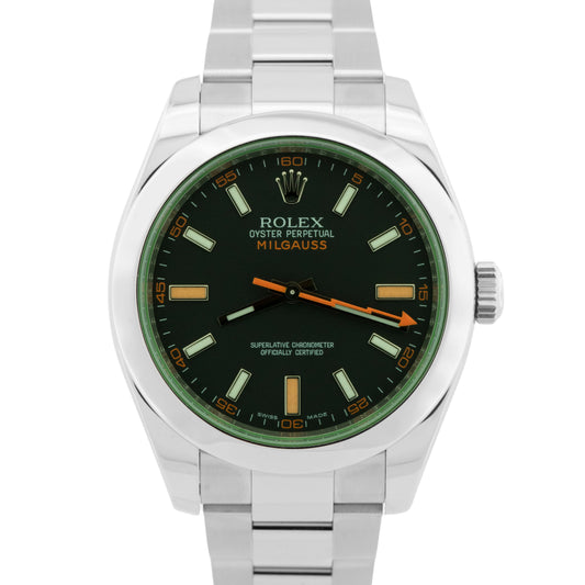 MINT Rolex Milgauss BLACK Green Orange Stainless Steel 40mm 116400 GV Watch