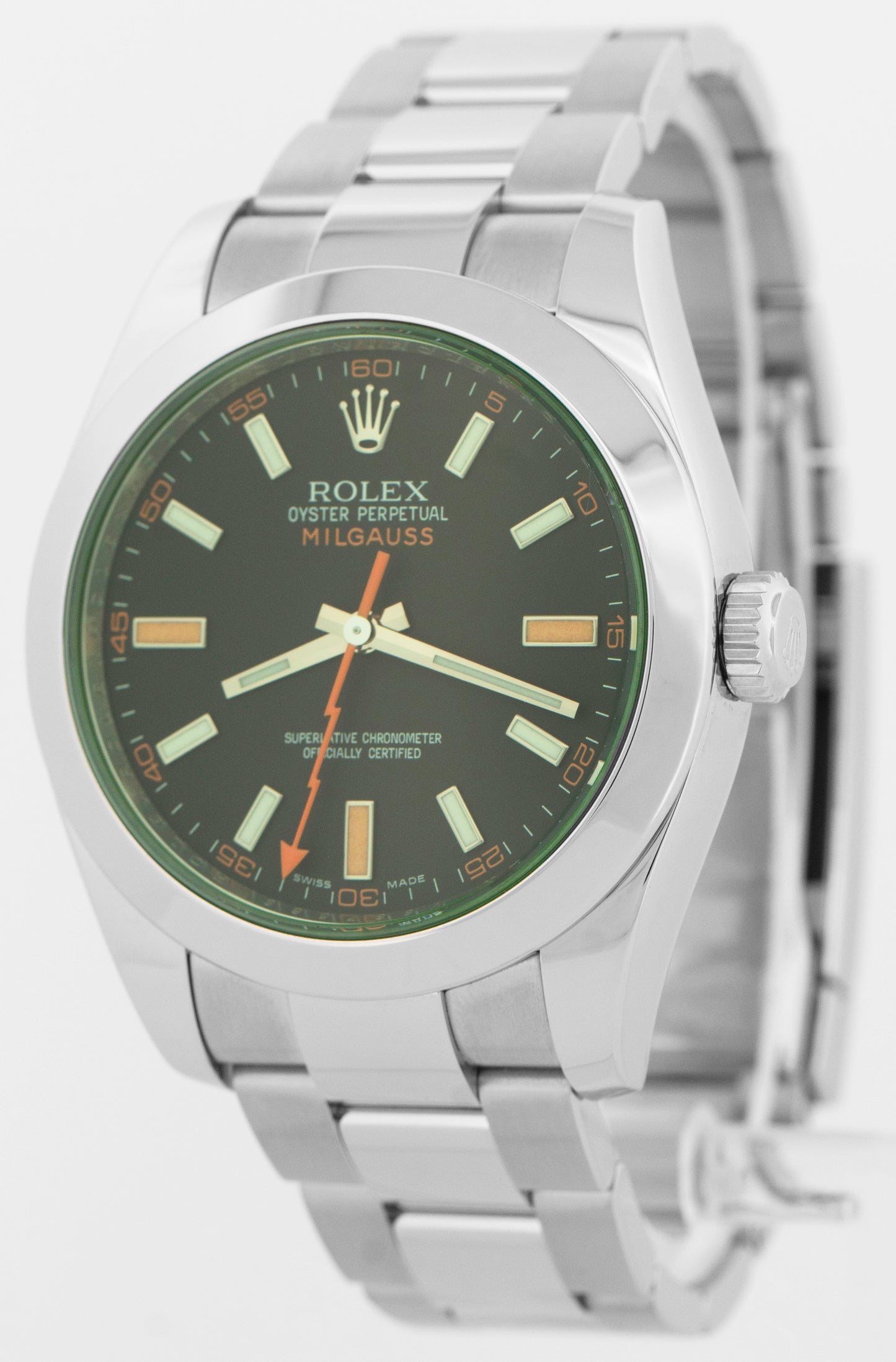 MINT Rolex Milgauss BLACK Green Orange Stainless Steel 40mm 116400 GV Watch