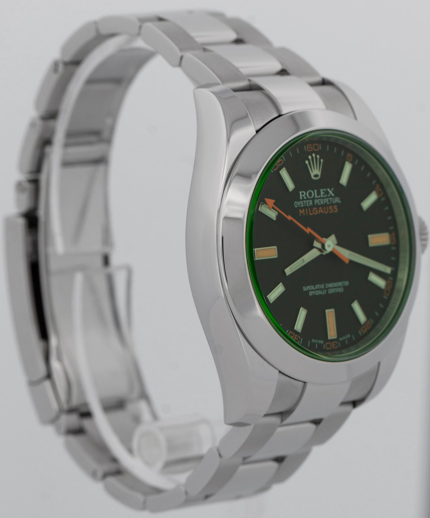 MINT Rolex Milgauss BLACK Green Orange Stainless Steel 40mm 116400 GV Watch