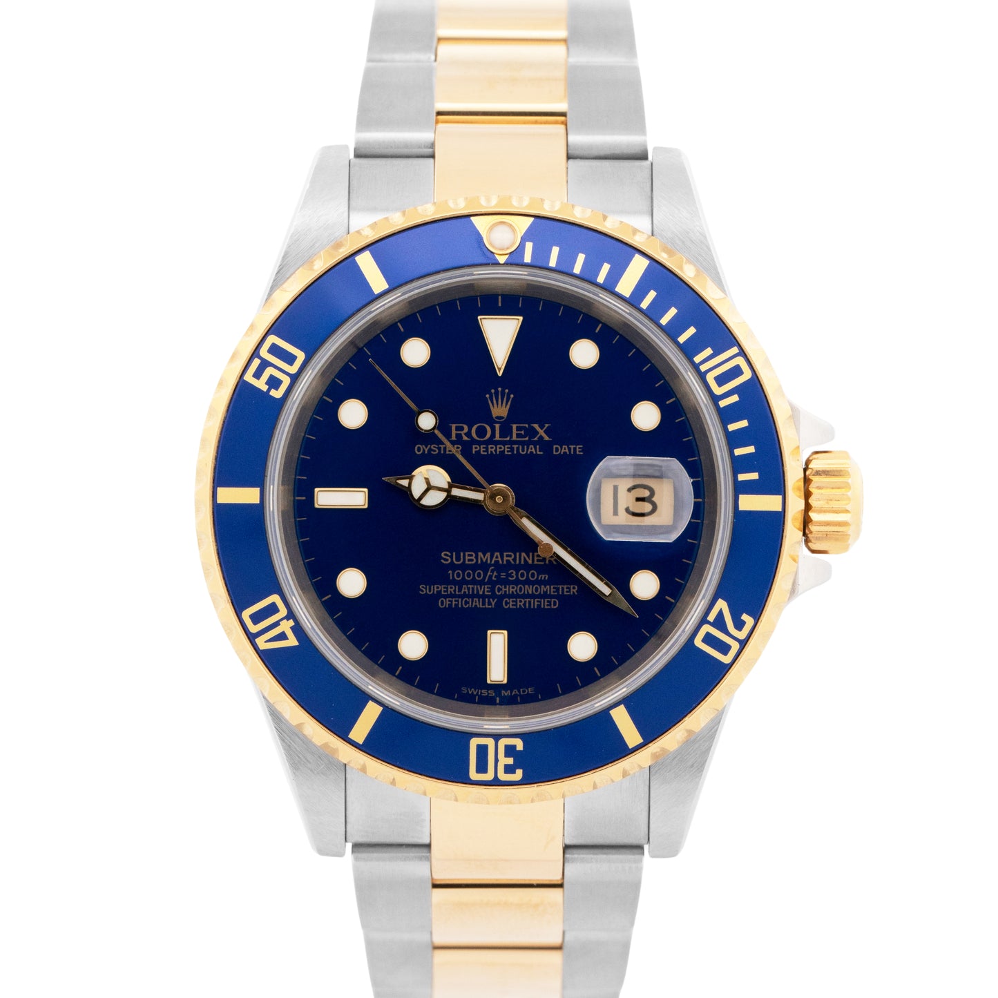 Rolex Submariner Date 40mm BLUE 18K Gold No-Holes GOLD BUCKLE Steel 16613 Watch