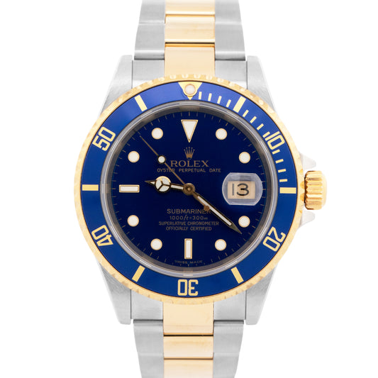 Rolex Submariner Date 40mm BLUE 18K Gold No-Holes GOLD BUCKLE Steel 16613 Watch