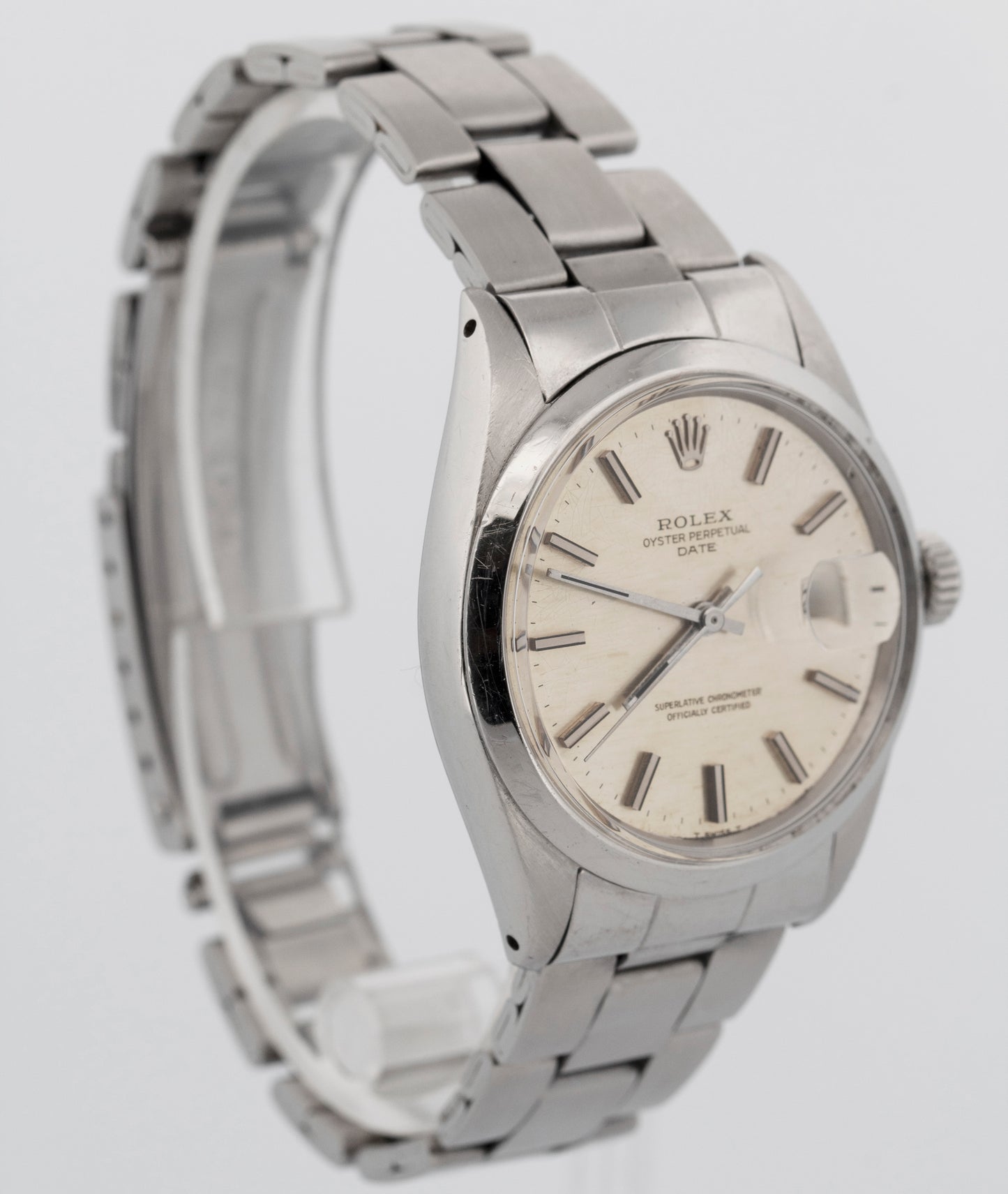 Rolex Oyster Perpetual Date Silver Patina 34mm Steel Oyster Watch 1500