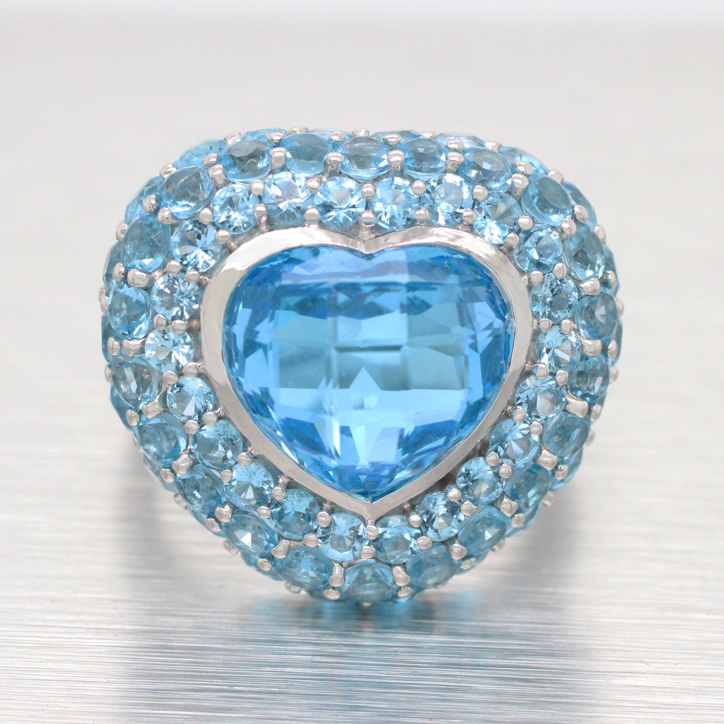 Modern Blue Topaz & Aquamarine Heart Cocktail Ring - 14k White Gold