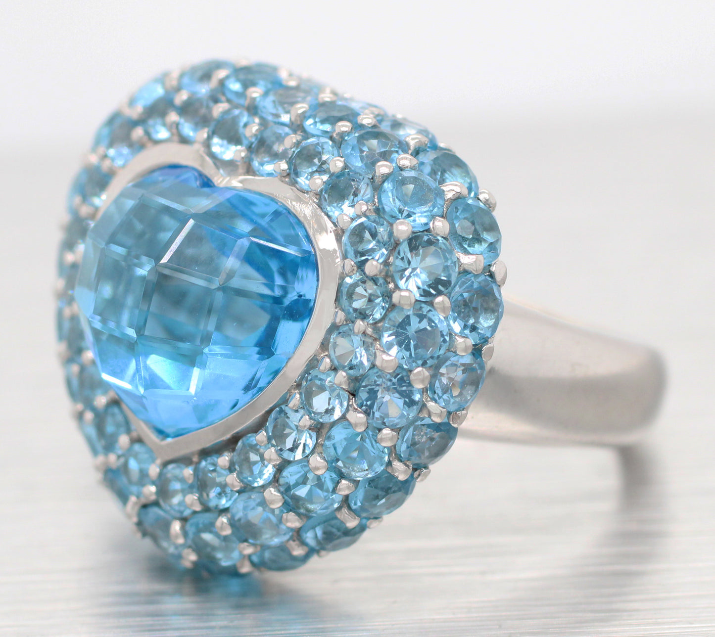 Modern Blue Topaz & Aquamarine Heart Cocktail Ring - 14k White Gold