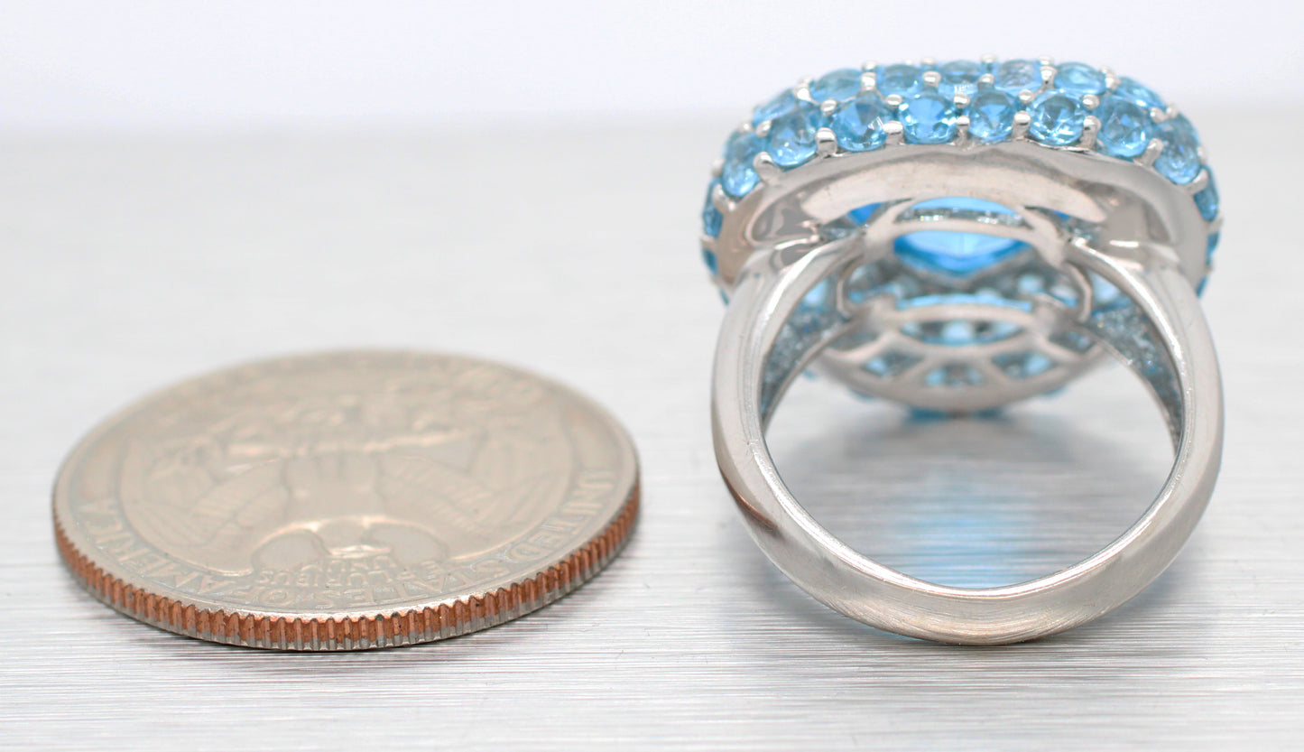 Modern Blue Topaz & Aquamarine Heart Cocktail Ring - 14k White Gold
