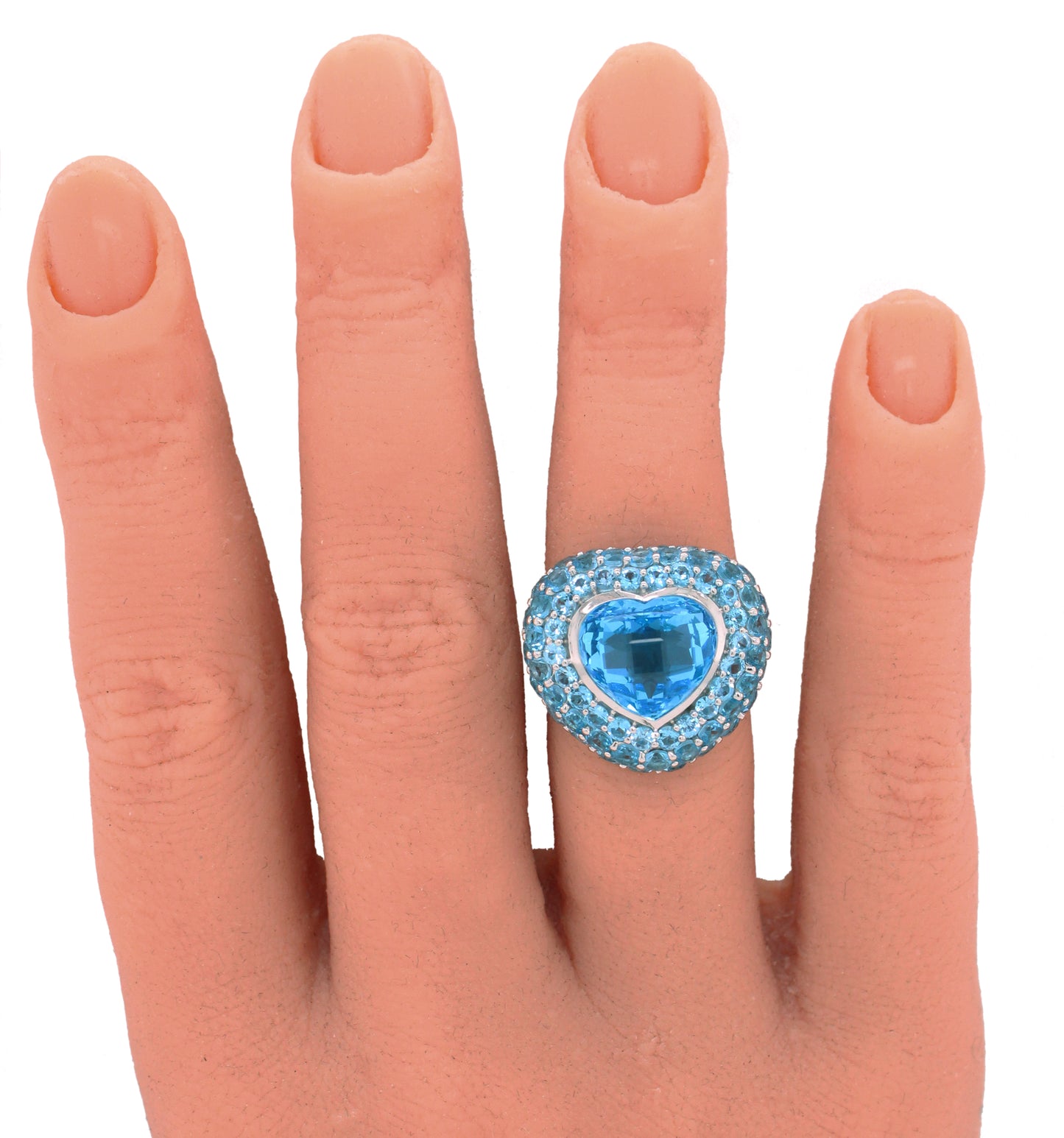 Modern Blue Topaz & Aquamarine Heart Cocktail Ring - 14k White Gold