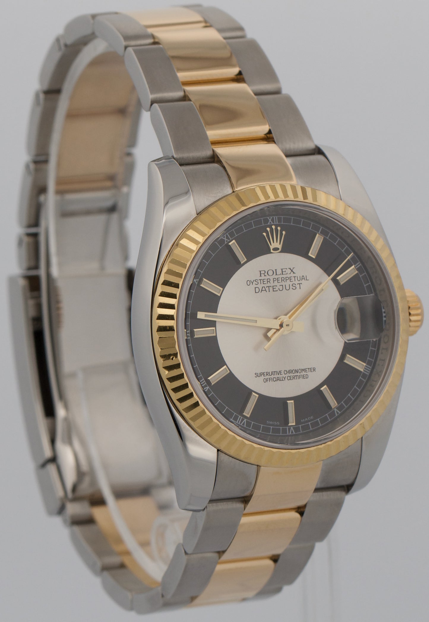 PAPERS Rolex DateJust 36mm Silver Black TUXEDO DIAL 18K Gold OYSTER 116233 BOX