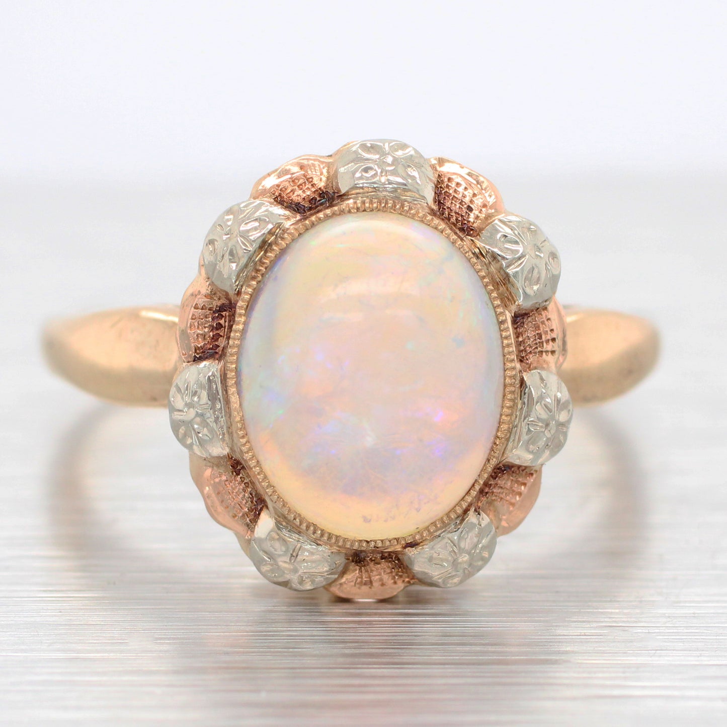 Antique Art Deco 3.20ct Crystal Opal Cocktail Ring | 14k Yellow Gold, Tri-Color Accents