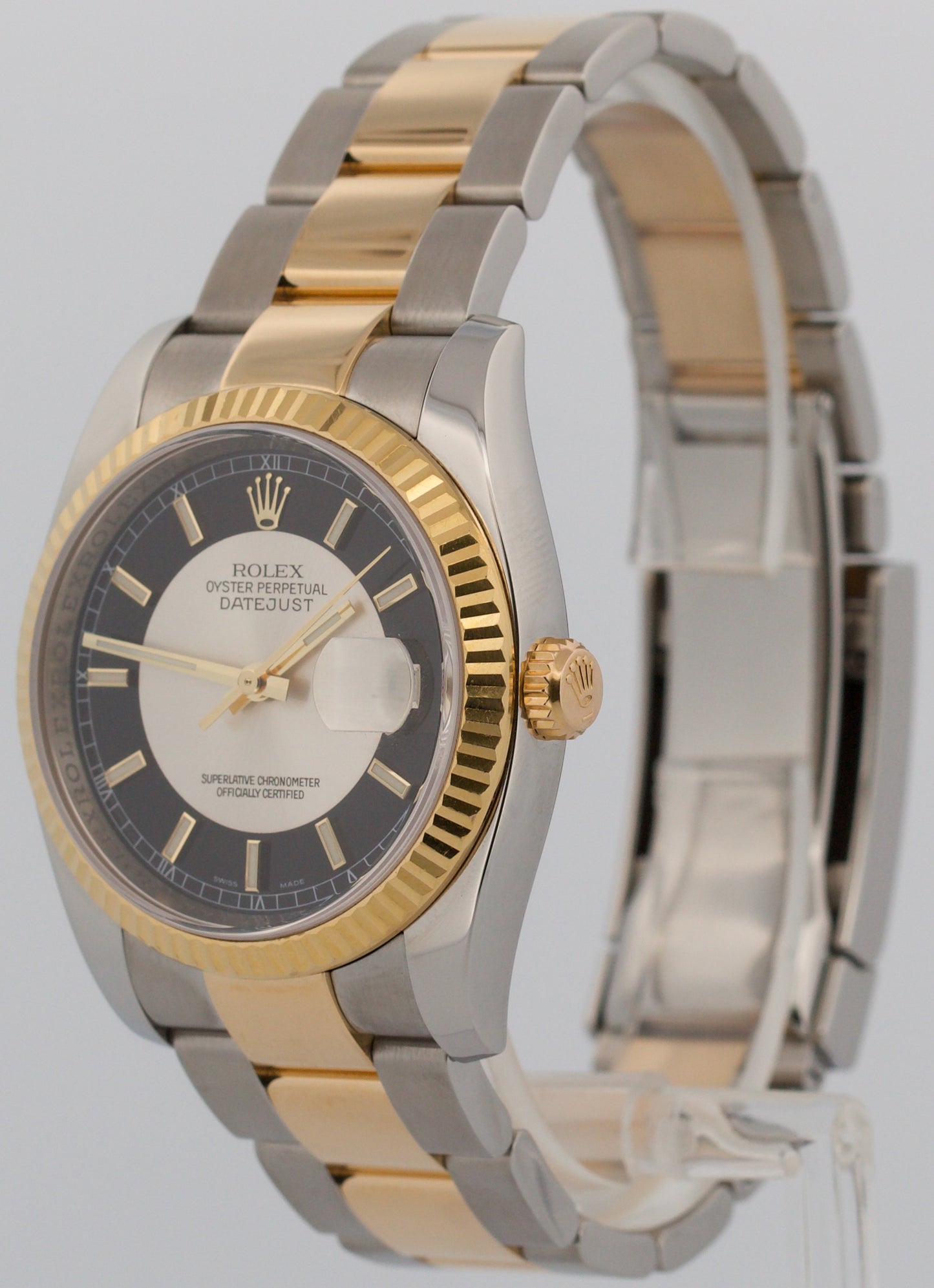 PAPERS Rolex DateJust 36mm Silver Black TUXEDO DIAL 18K Gold OYSTER 116233 BOX