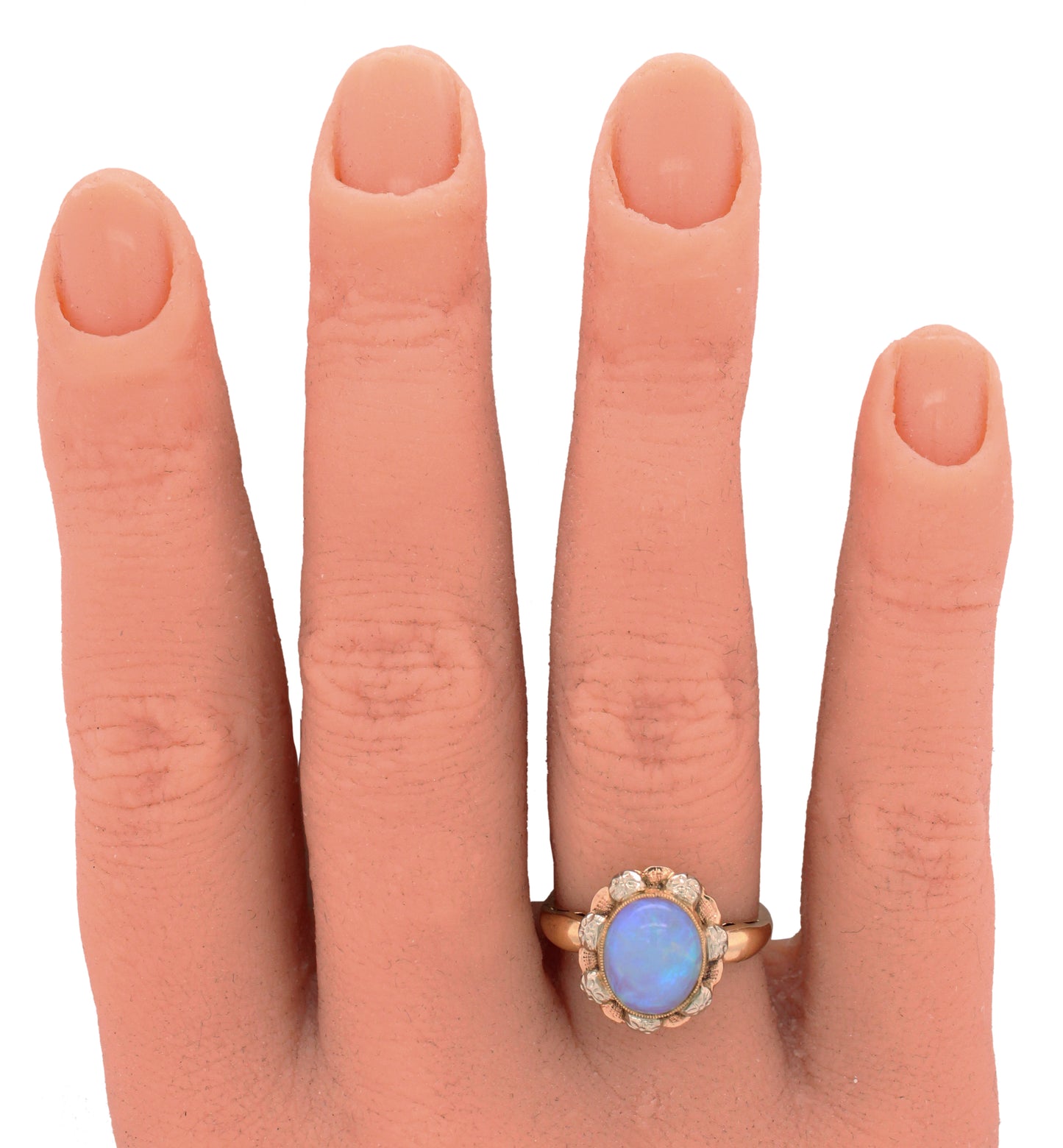 Antique Art Deco 3.20ct Crystal Opal Cocktail Ring | 14k Yellow Gold, Tri-Color Accents