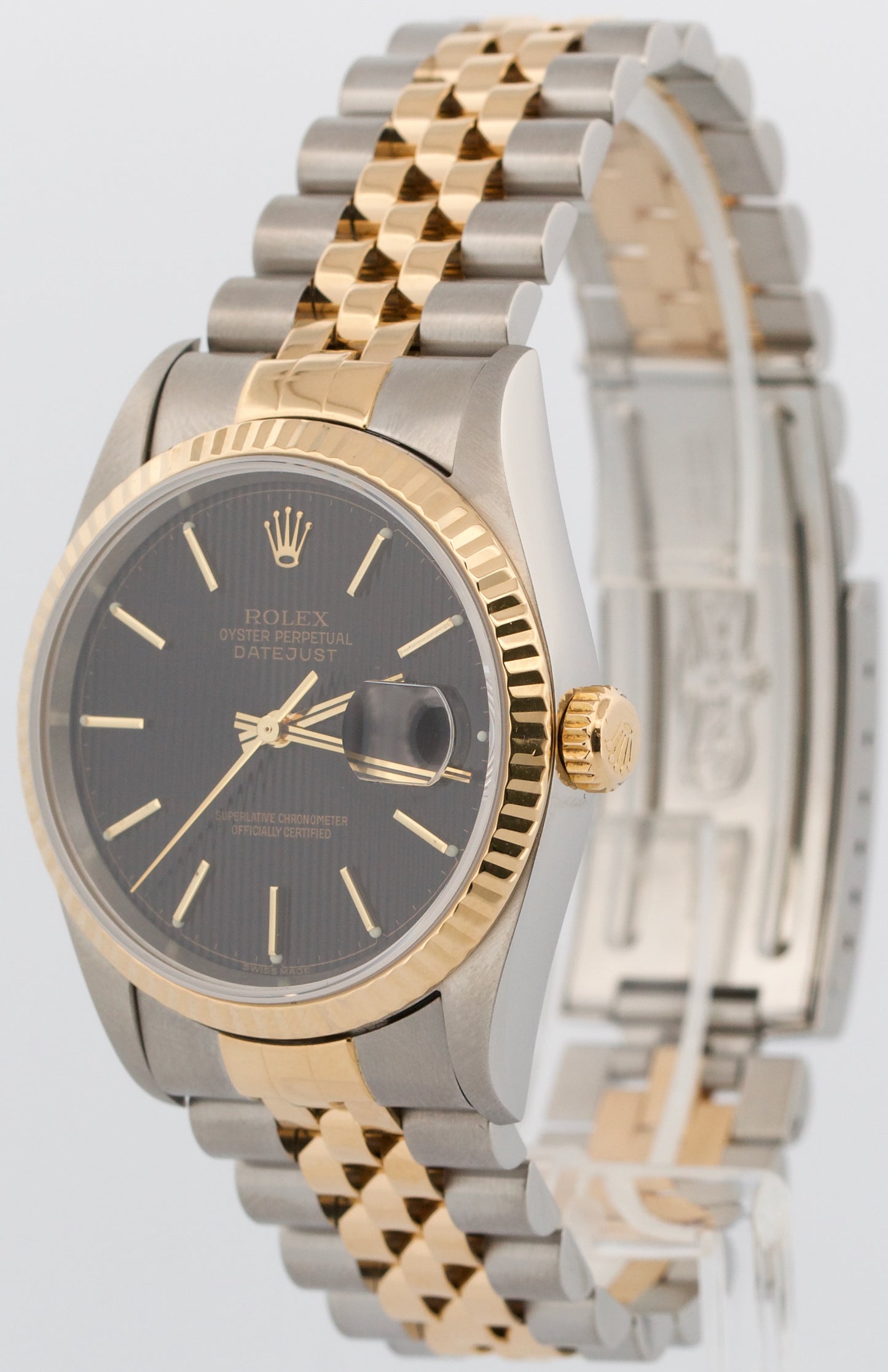 Rolex DateJust 36mm BLACK TAPESTRY 18K Yellow Gold JUBILEE Steel 16233 Watch
