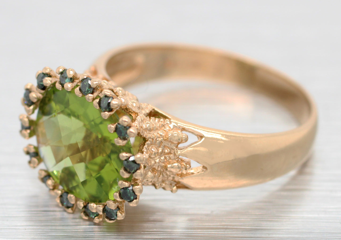 Vintage Oval Peridot & Green Diamond Halo Cocktail Ring - 14k Yellow Gold