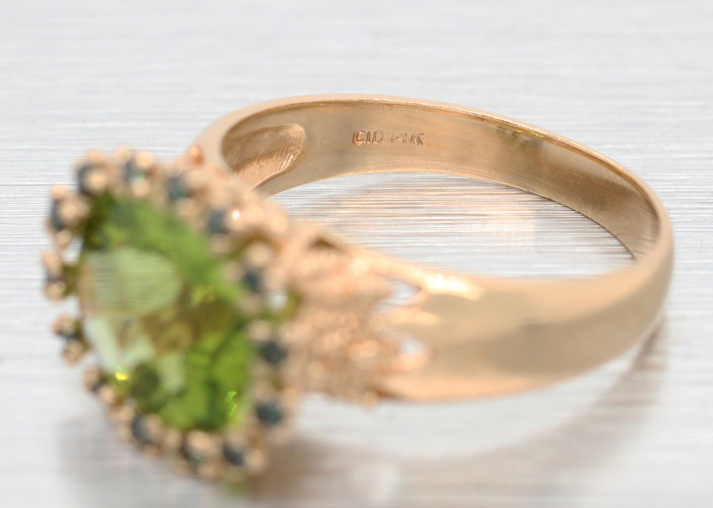Vintage Oval Peridot & Green Diamond Halo Cocktail Ring - 14k Yellow Gold