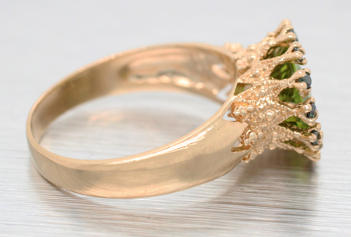 Vintage Oval Peridot & Green Diamond Halo Cocktail Ring - 14k Yellow Gold
