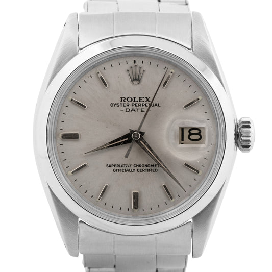 Vintage Rolex Oyster Perpetual Date SILVER Stainless Steel 34mm 1500 Watch