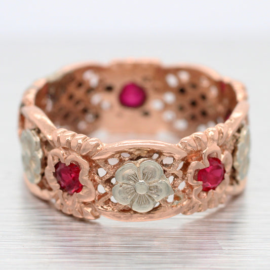 Antique Art Deco 0.50ctw Ruby Flower Band Ring - Tri-Tone Rose Gold