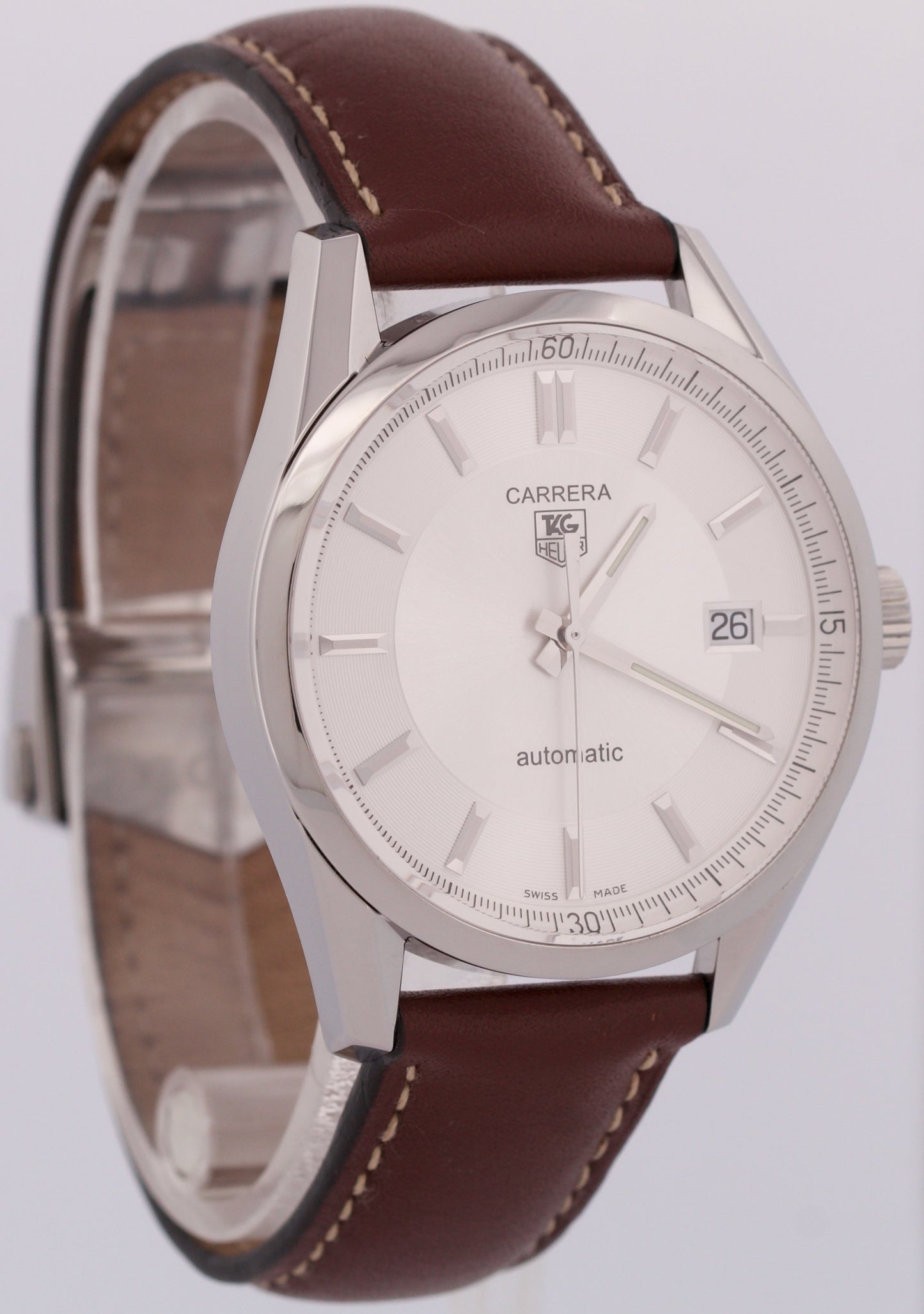 MINT Tag Heuer Carrera Date Calibre 5 Steel SILVER 38mm Leather WV211A-0 Watch