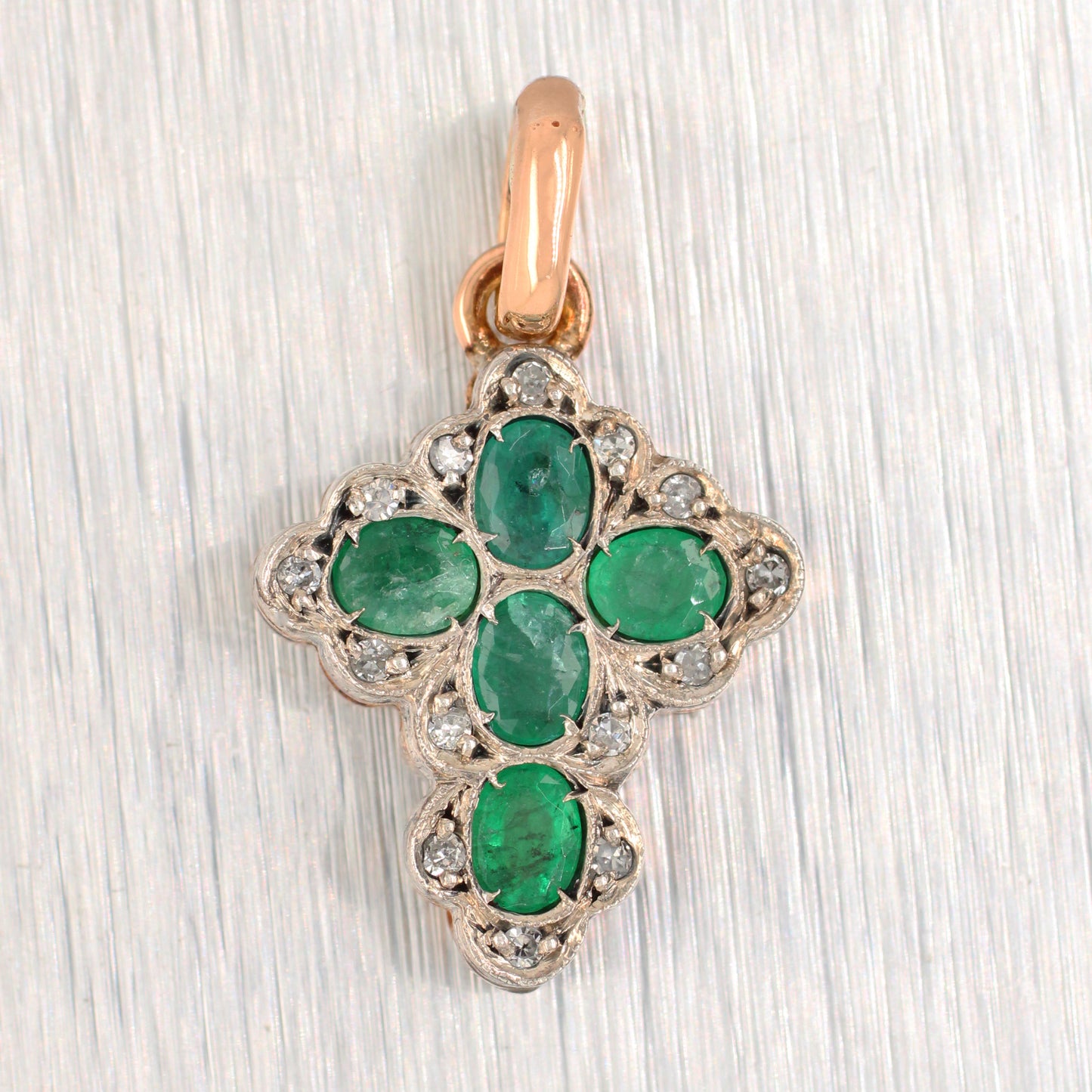 Vintage 0.75ctw Green Emerald & Diamond Cross Charm - 14k Yellow Gold Pendant