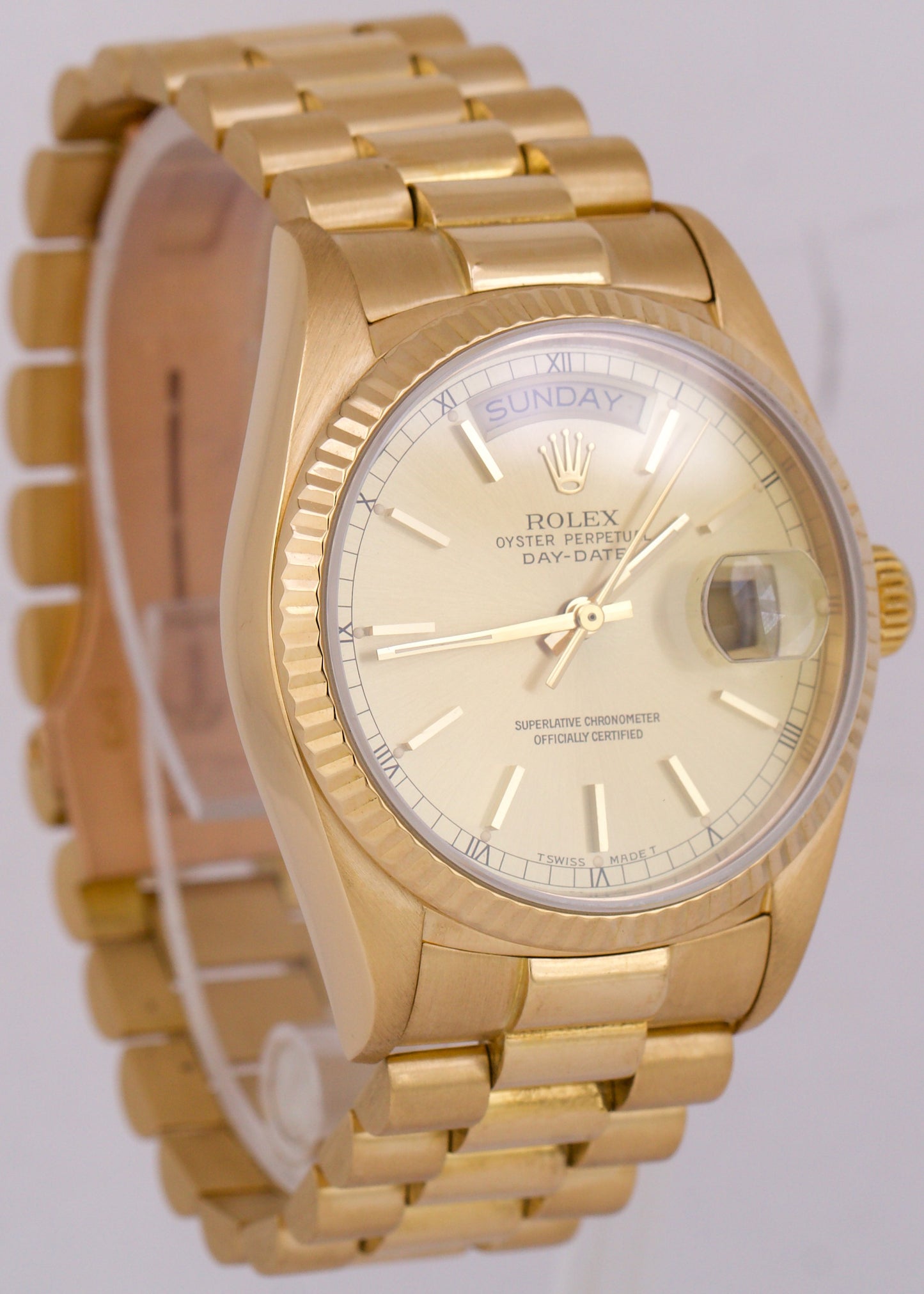 1987 Rolex Day-Date President 36mm Champagne 18K Yellow Gold Fluted Watch 18038