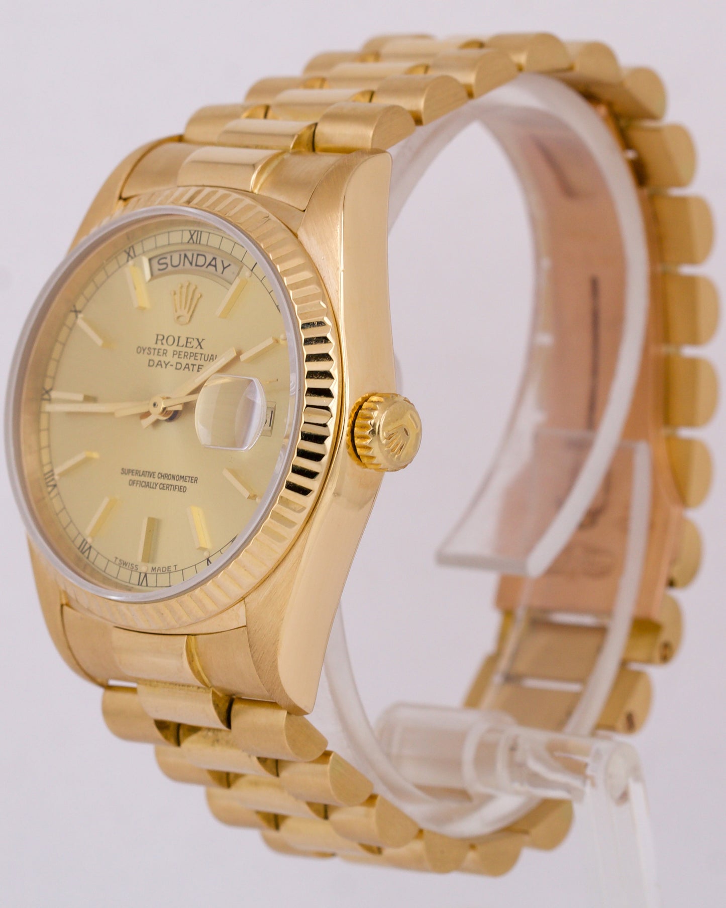 1987 Rolex Day-Date President 36mm Champagne 18K Yellow Gold Fluted Watch 18038