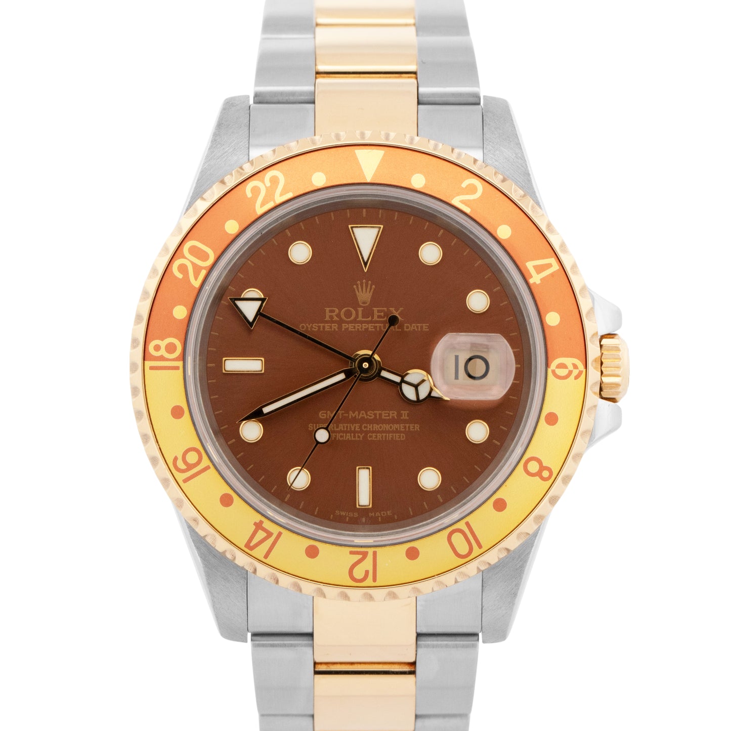 Rolex GMT-Master II BROWN Two-Tone Gold Steel NO-HOLES 40mm 16713 Watch