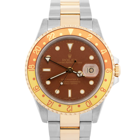 Rolex GMT-Master II BROWN Two-Tone Gold Steel NO-HOLES 40mm 16713 Watch