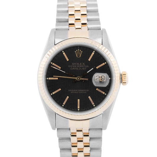 Rolex DateJust 36mm Black Tapestry Two-Tone Jubilee 18K Yellow Gold Watch 16013