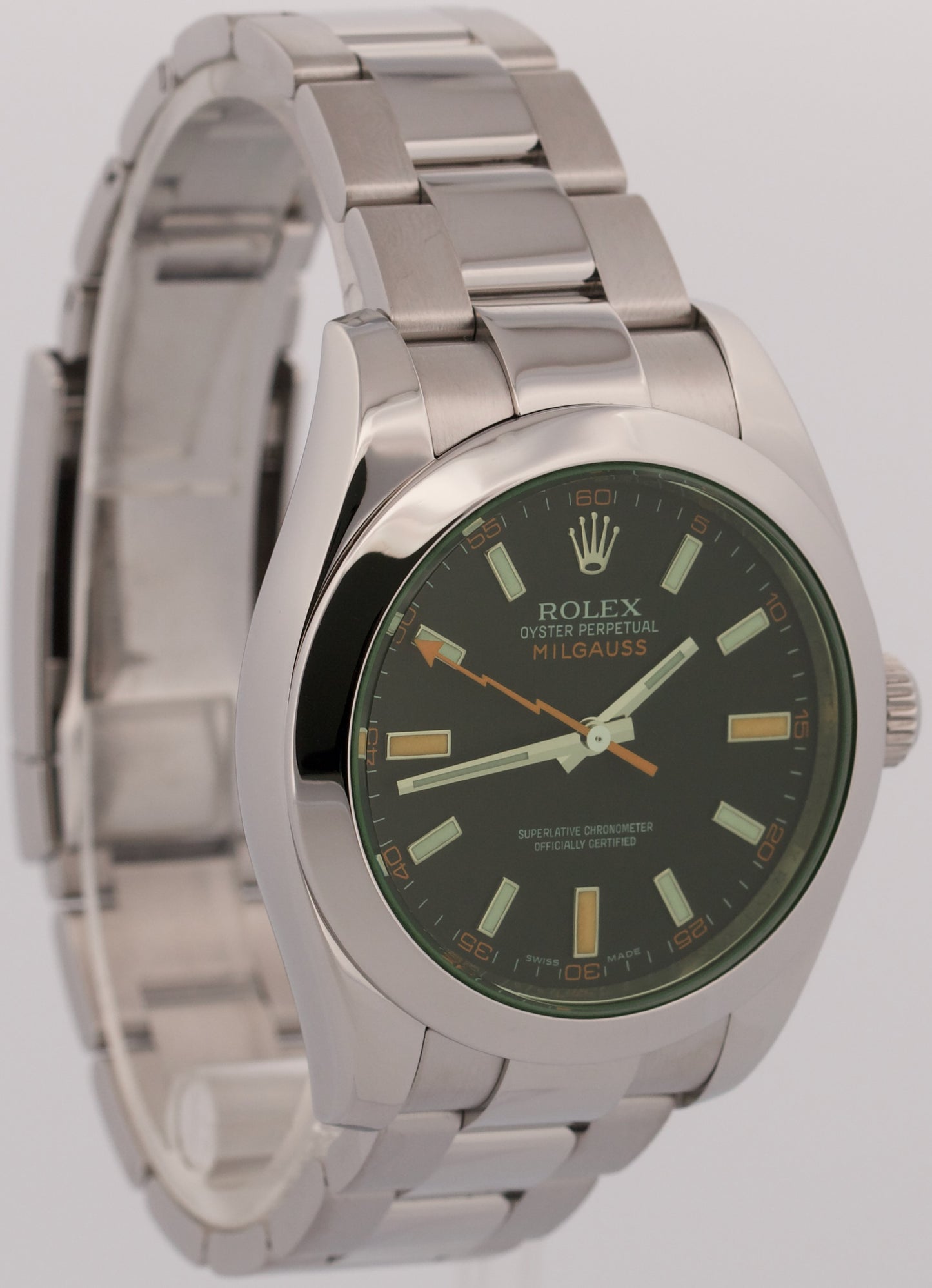Rolex Milgauss BLACK Orange Steel Green Crystal 40mm Smooth Oyster 116400 GV
