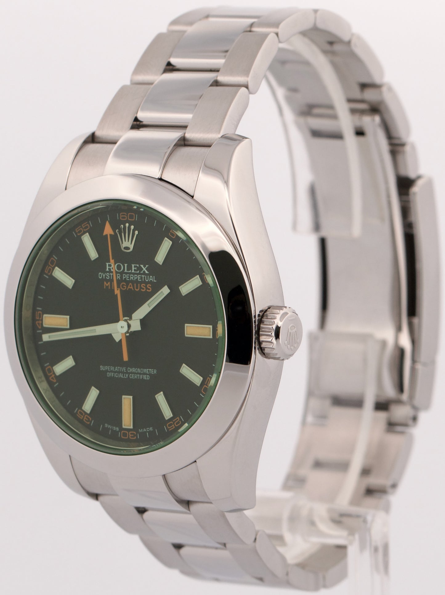 Rolex Milgauss BLACK Orange Steel Green Crystal 40mm Smooth Oyster 116400 GV
