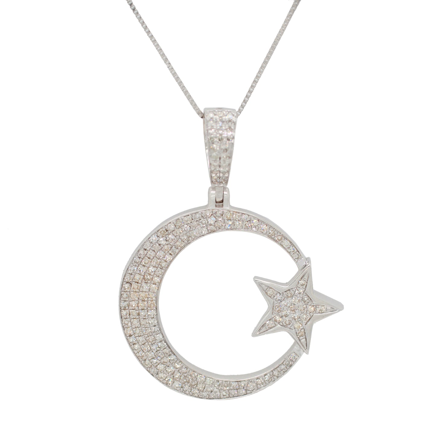 Cluster Diamond Moon & Star Pendant 14k White Gold 20" Necklace - 0.35ctw