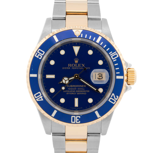 2005 PAPERS Rolex Submariner Date BLUE NO-HOLES Two-Tone Gold 40mm 16613 LB BOX
