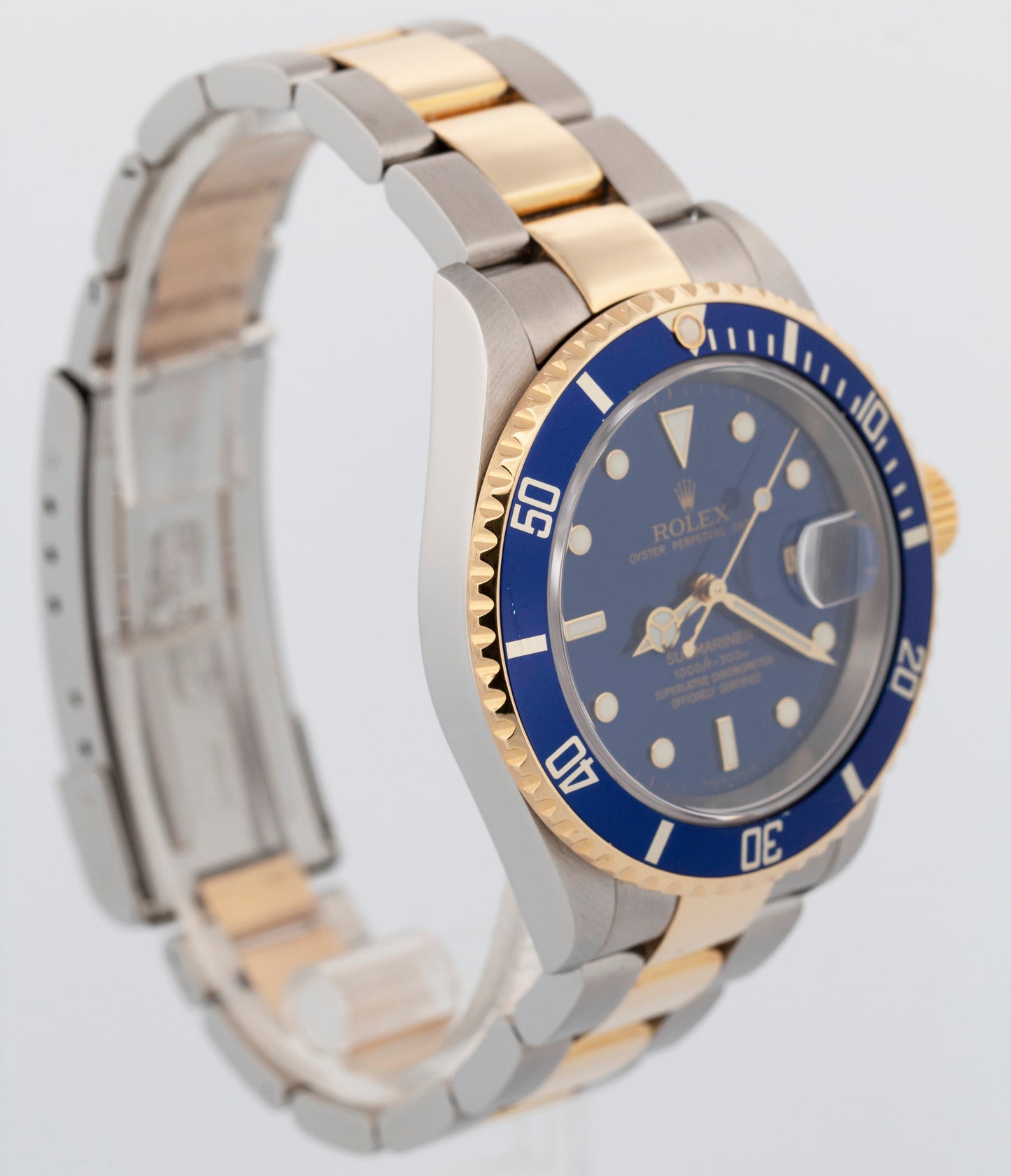 2005 PAPERS Rolex Submariner Date BLUE NO-HOLES Two-Tone Gold 40mm 16613 LB BOX