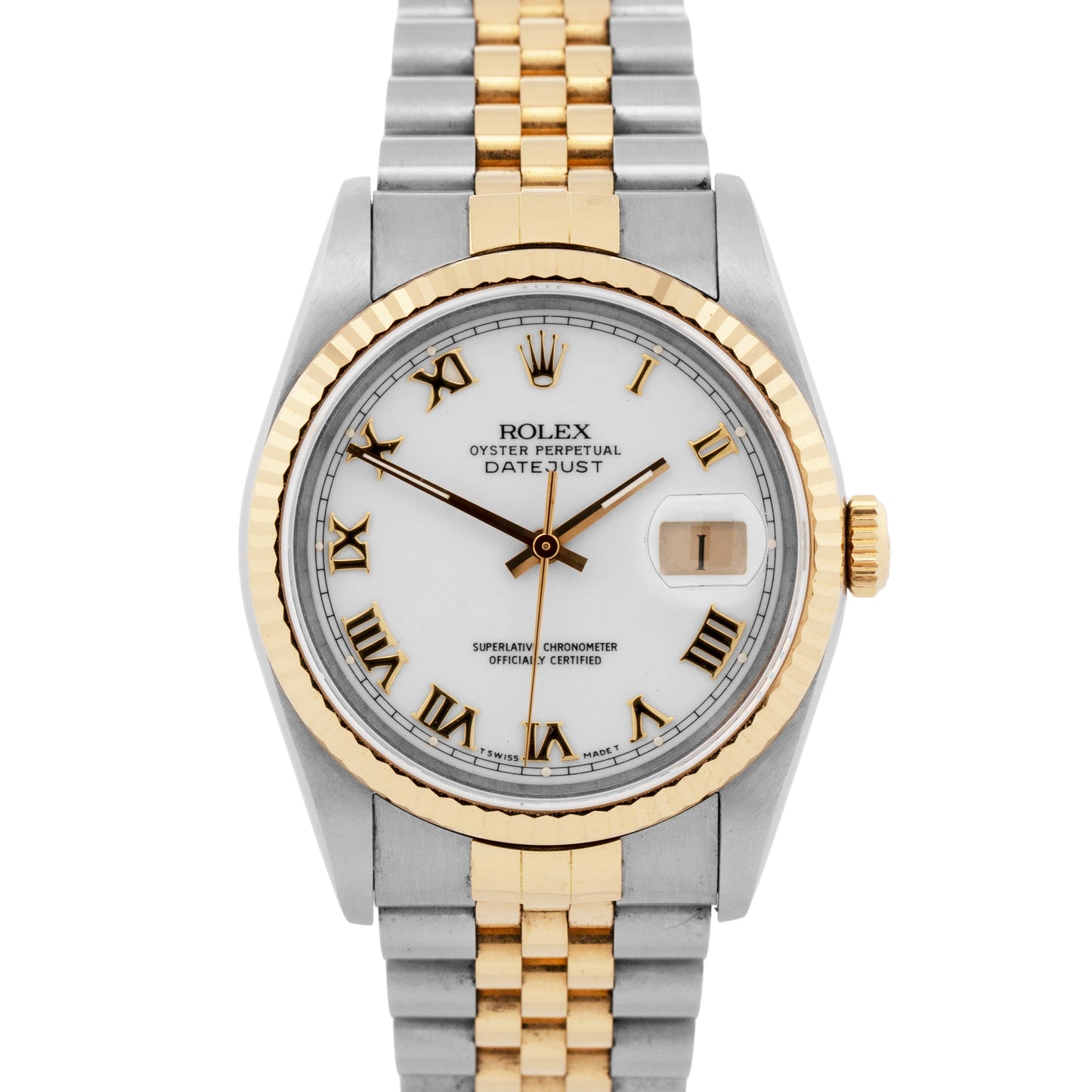 1993 PAPERS Rolex DateJust WHITE Two-Tone 18K Yellow Gold 36mm 16233 Watch BOX
