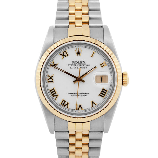 1993 PAPERS Rolex DateJust WHITE Two-Tone 18K Yellow Gold 36mm 16233 Watch BOX