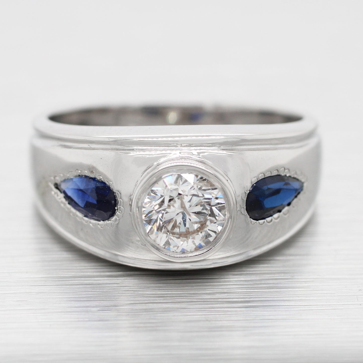 Vintage 1ct Diamond & 0.50ctw Sapphire Band Ring - 14k White Gold | Size 7.50