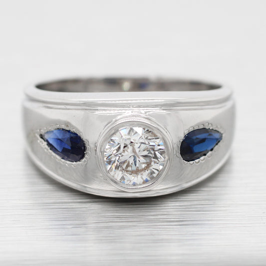 Vintage 1ct Diamond & 0.50ctw Sapphire Band Ring - 14k White Gold | Size 7.50