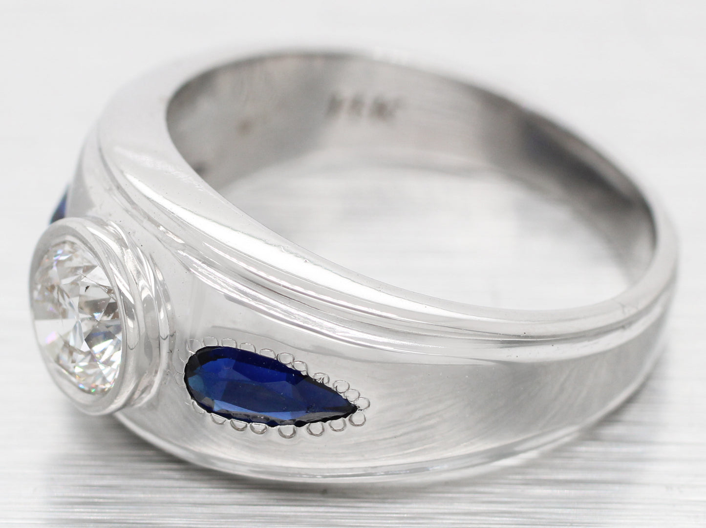 Vintage 1ct Diamond & 0.50ctw Sapphire Band Ring - 14k White Gold | Size 7.50
