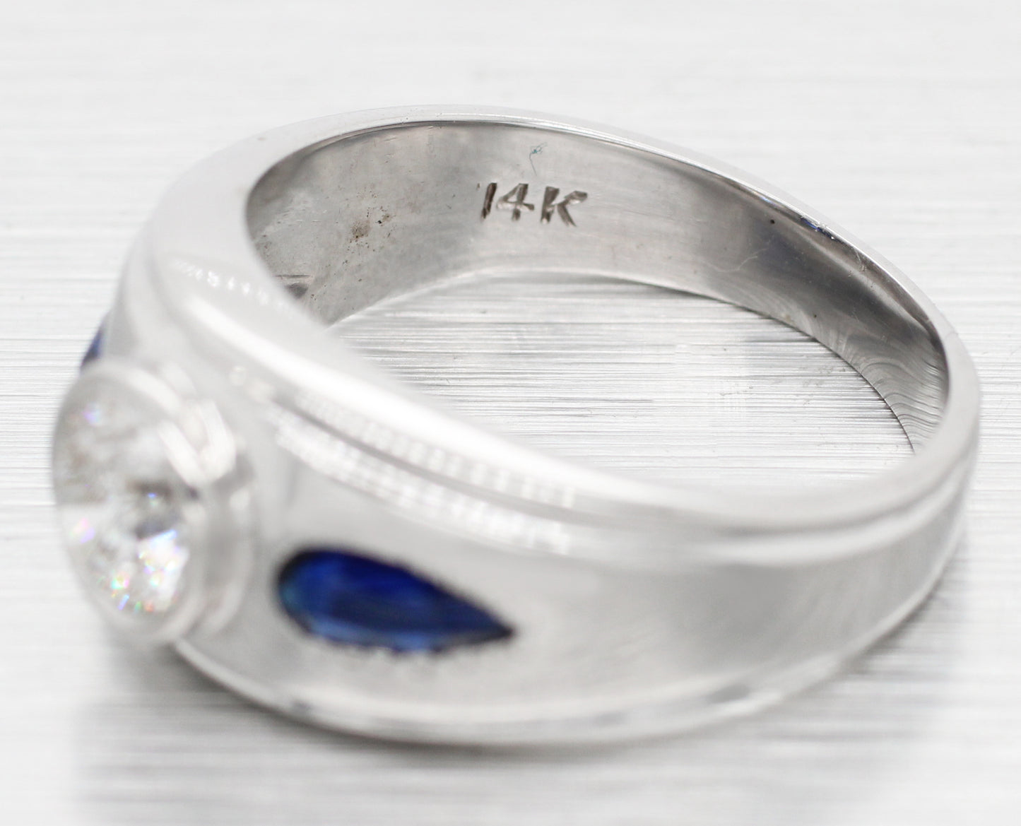 Vintage 1ct Diamond & 0.50ctw Sapphire Band Ring - 14k White Gold | Size 7.50