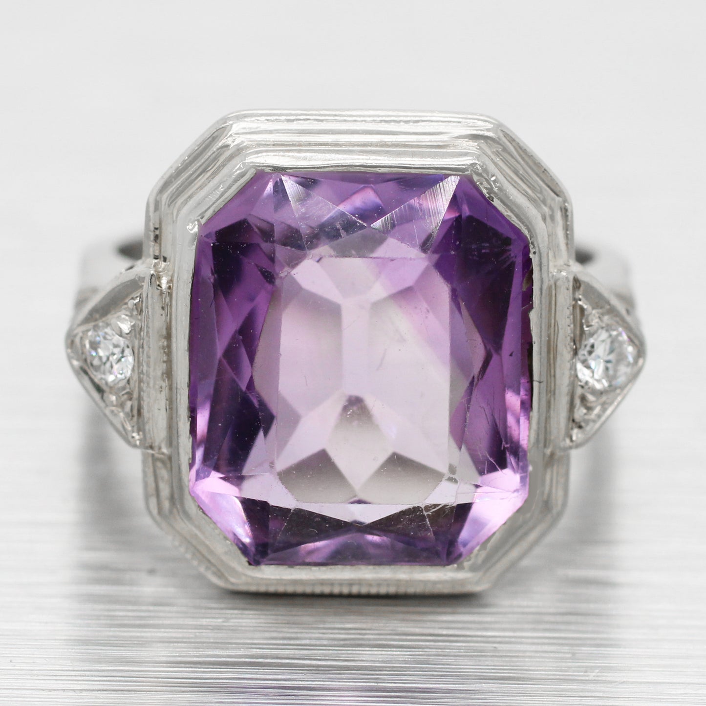 Art Deco 4.50ct Amethyst & Diamond Cocktail Ring - 14k White Gold | Size 3.75