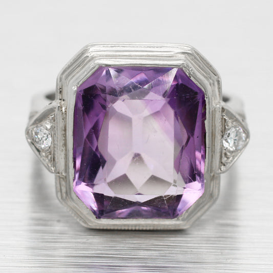 Art Deco 4.50ct Amethyst & Diamond Cocktail Ring - 14k White Gold | Size 3.75