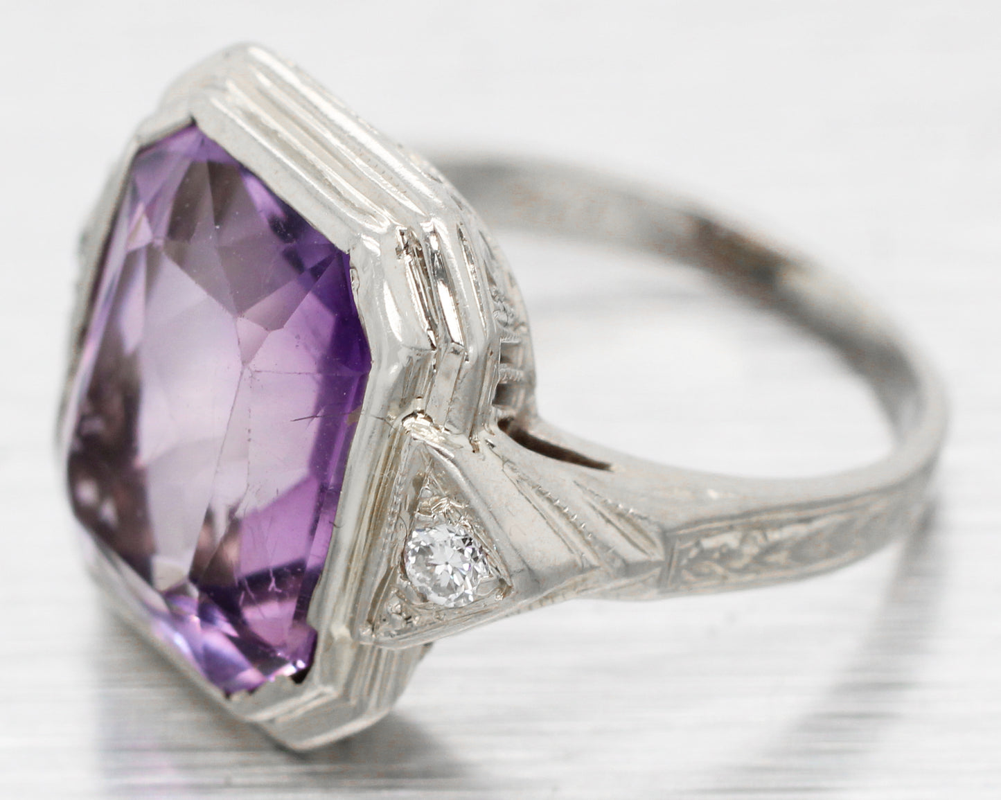 Art Deco 4.50ct Amethyst & Diamond Cocktail Ring - 14k White Gold | Size 3.75