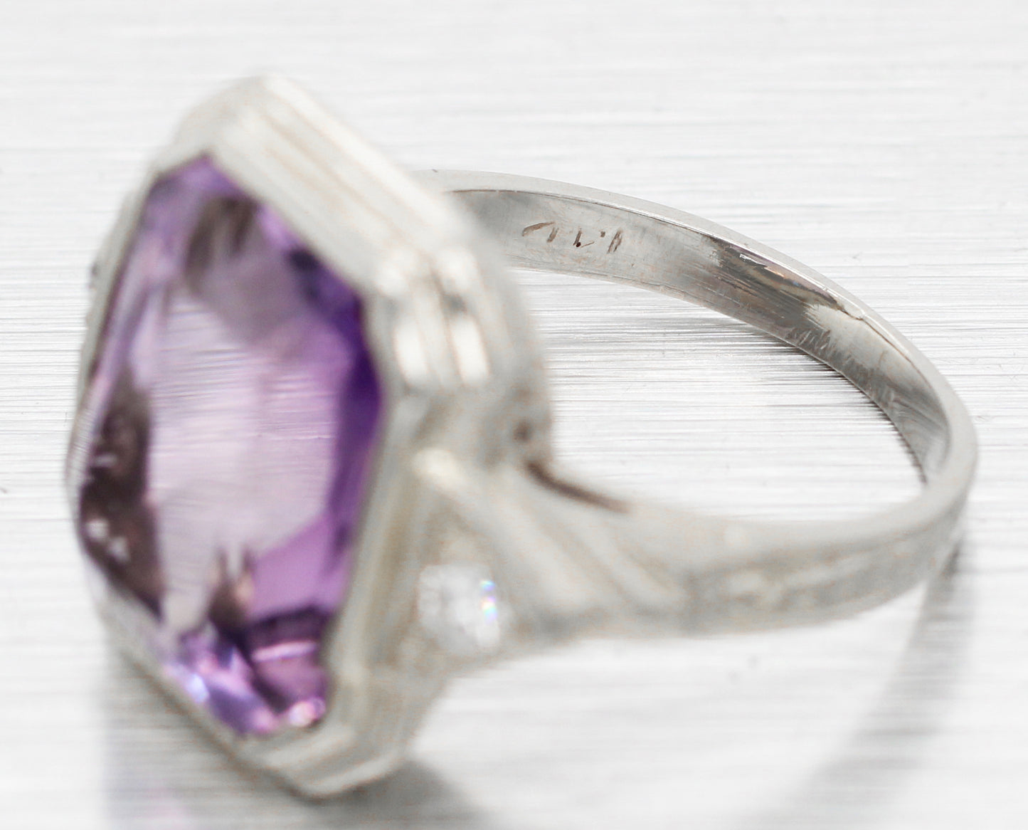 Art Deco 4.50ct Amethyst & Diamond Cocktail Ring - 14k White Gold | Size 3.75