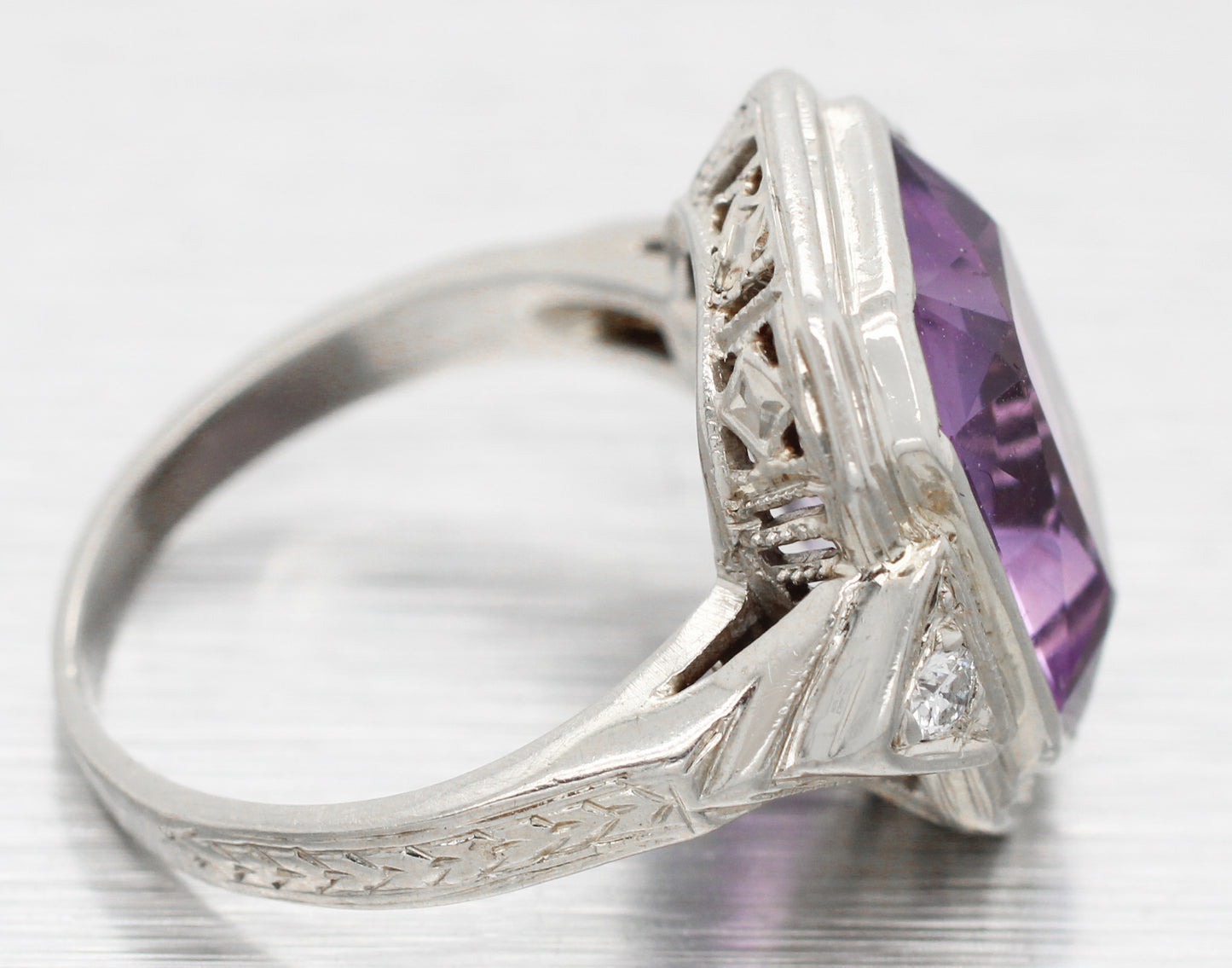 Art Deco 4.50ct Amethyst & Diamond Cocktail Ring - 14k White Gold | Size 3.75