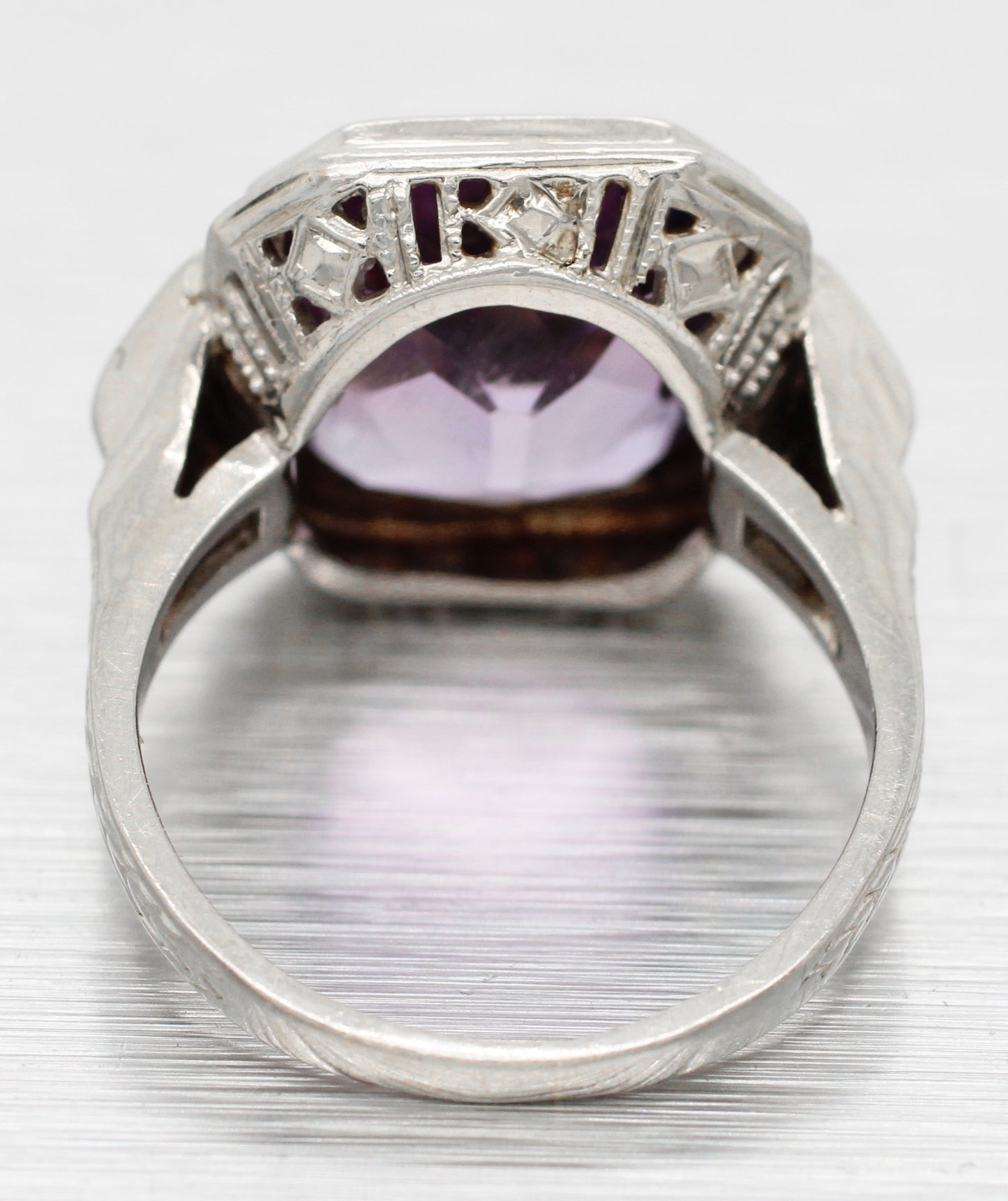 Art Deco 4.50ct Amethyst & Diamond Cocktail Ring - 14k White Gold | Size 3.75