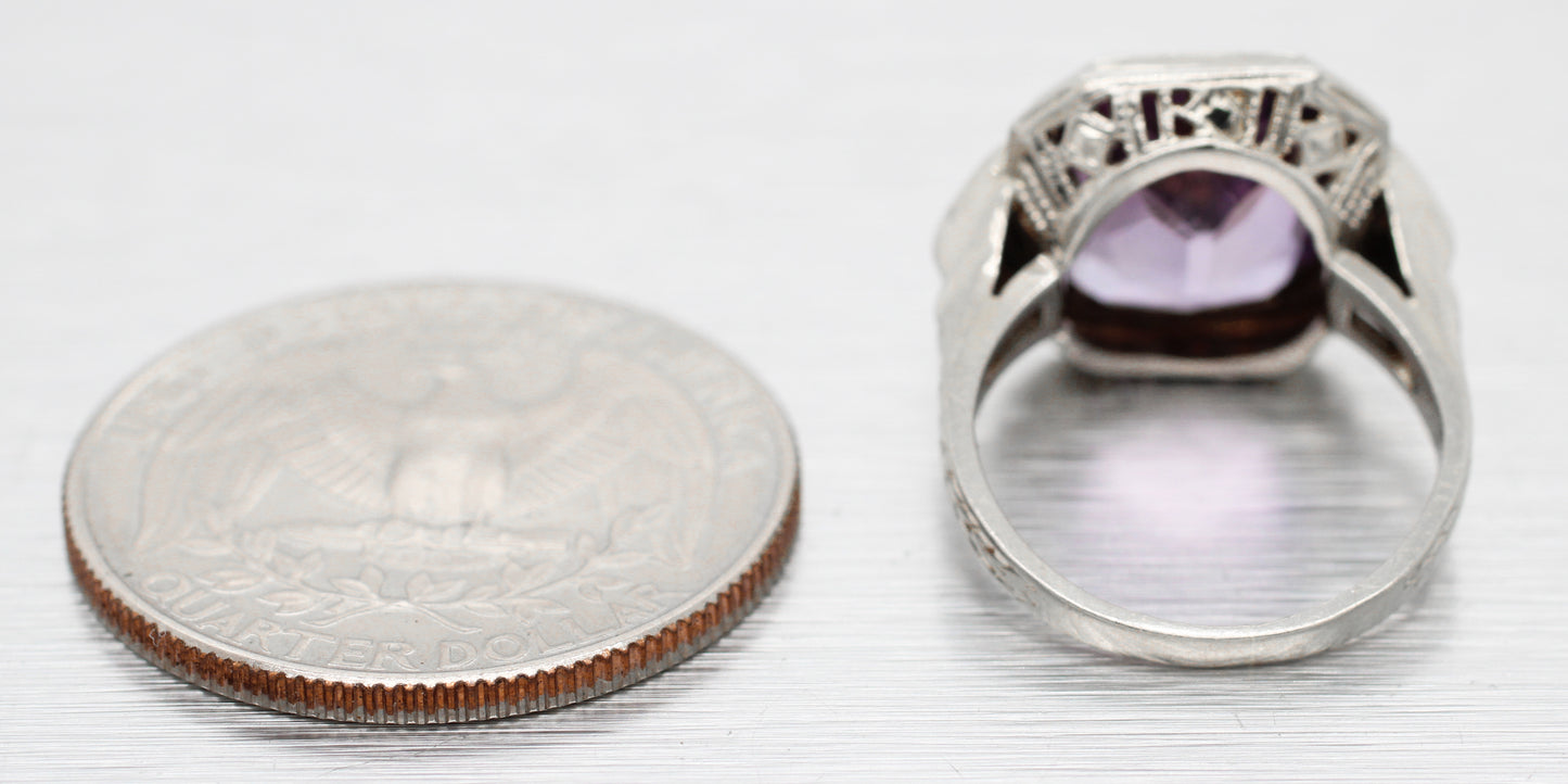 Art Deco 4.50ct Amethyst & Diamond Cocktail Ring - 14k White Gold | Size 3.75