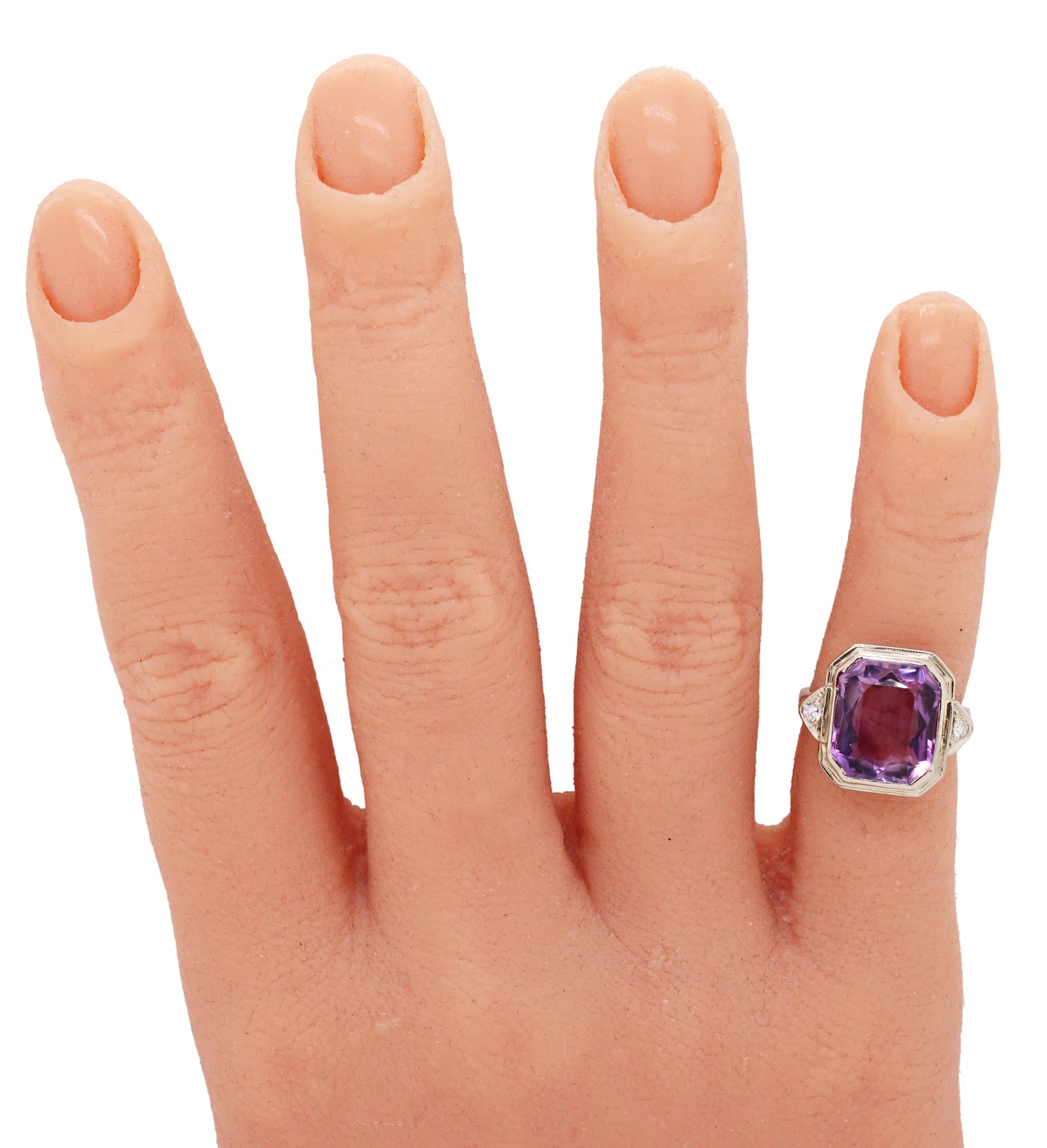 Art Deco 4.50ct Amethyst & Diamond Cocktail Ring - 14k White Gold | Size 3.75
